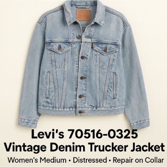 Levi’s 70516-0325 Vintage Denim Trucker Jacket Women's Medium Distressed Repair - Picture 1 of 14